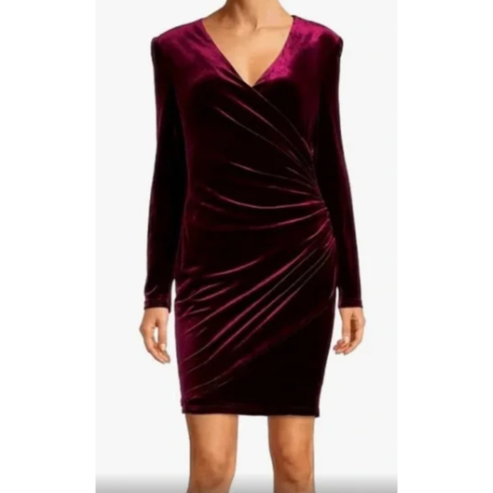 Alex Marie Nikki Maroon Velvet Stretch VNeck Long Sleeve Ruched Wrap Dress 6, 8